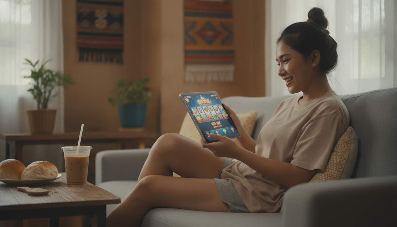 Discover the Excitement of Online Slots Woman enjoying online slots on her device